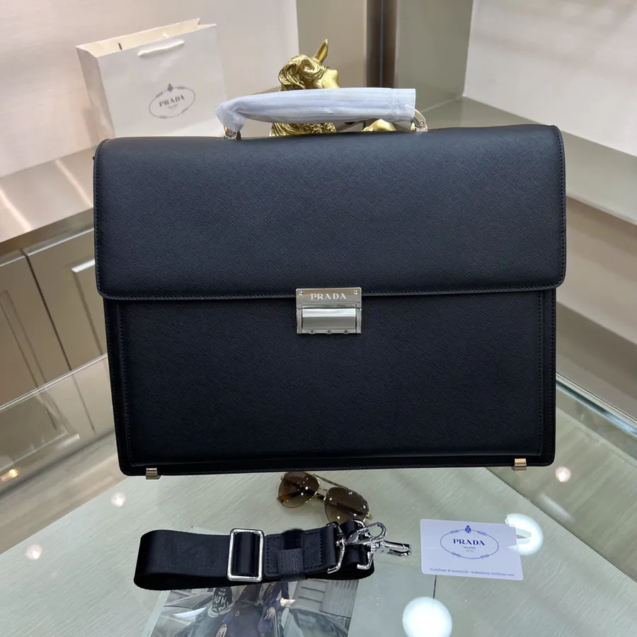 PRADA Men's Briefcase Premium Cross Grain Calfskin