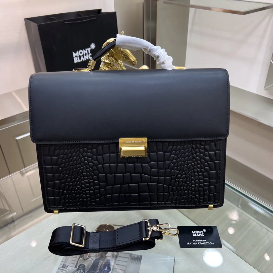 Montblanc International Men's Briefcase Premium Leather, Top tier Hardware, Password Lock