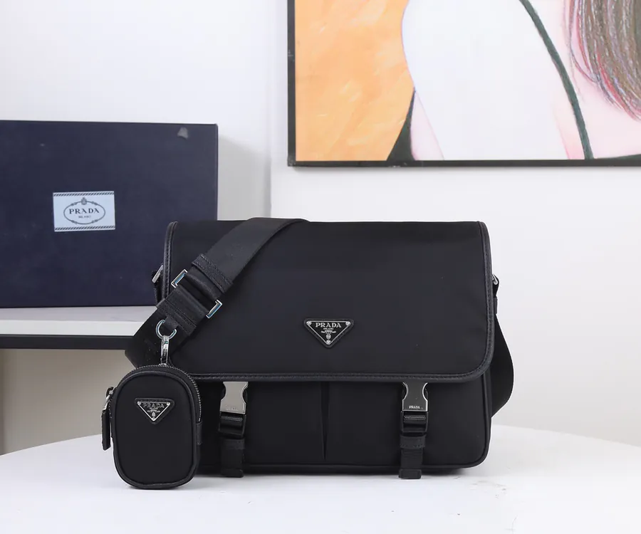 P Brand Nylon Briefcase with Saffiano Leather Trim, Large Size