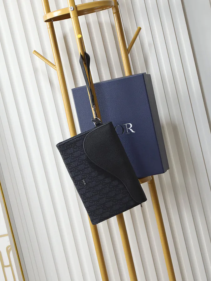 Saddle A5 Triangular Tote Black Grained Calfskin and Oblique Print