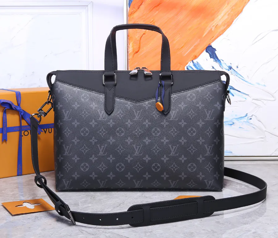 LV Men's Briefcase Fragment Design Lightning Logo
