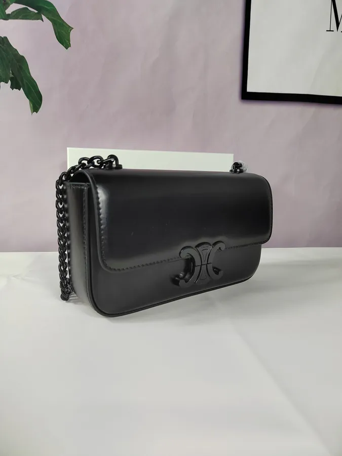 Black Steel TRIOMPHE Grained Calfskin Chain Shoulder Bag