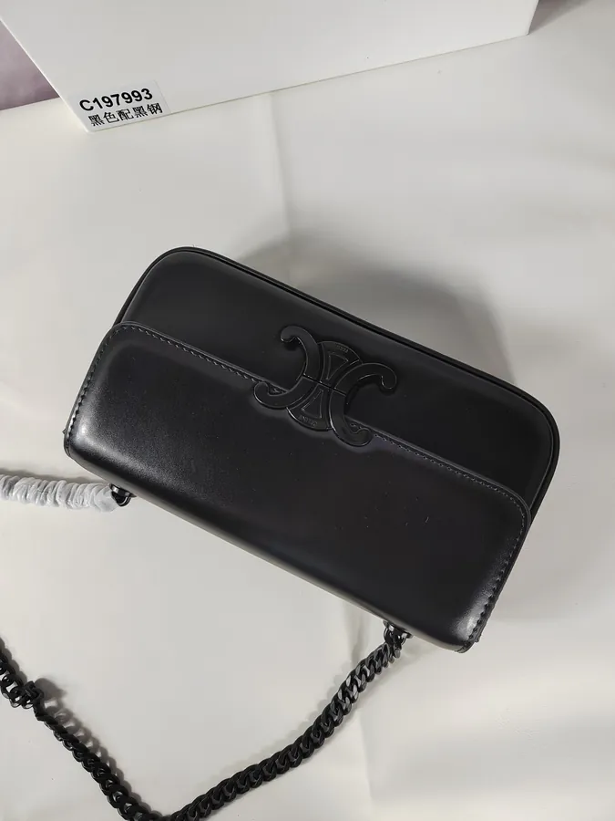 Black Steel TRIOMPHE Grained Calfskin Chain Shoulder Bag