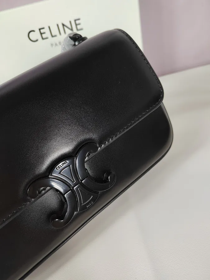 Black Steel TRIOMPHE Grained Calfskin Chain Shoulder Bag