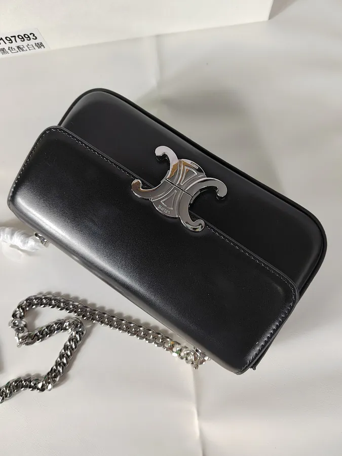 Black White Steel TRIOMPHE Grained Calfskin Chain Shoulder Bag
