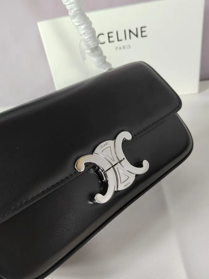 Black White Steel TRIOMPHE Grained Calfskin Chain Shoulder Bag