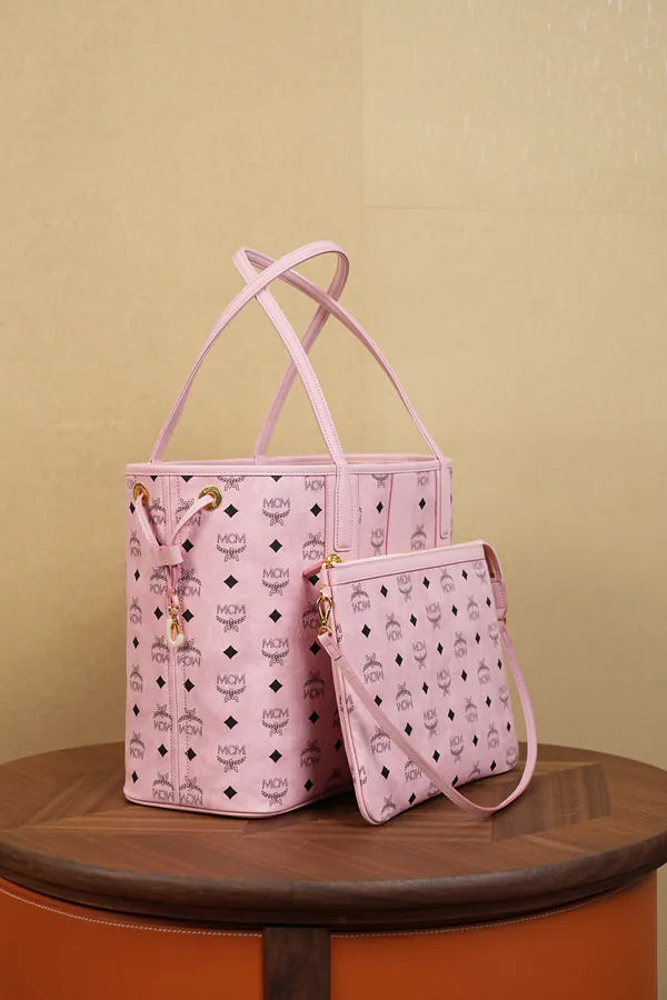 MCM Liz Visetos Medium Pink Double Sided Shopping Bag