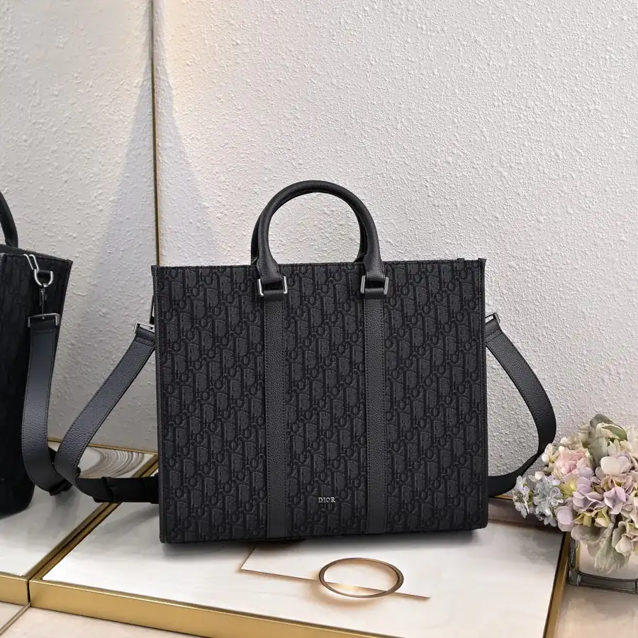 Dior Oblique Print Handbag with Grained Calfskin Details
