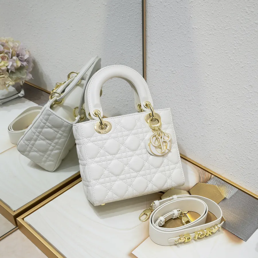 Lady Dio.r Four Compartment Calfskin Bag with Engraved Clasp
