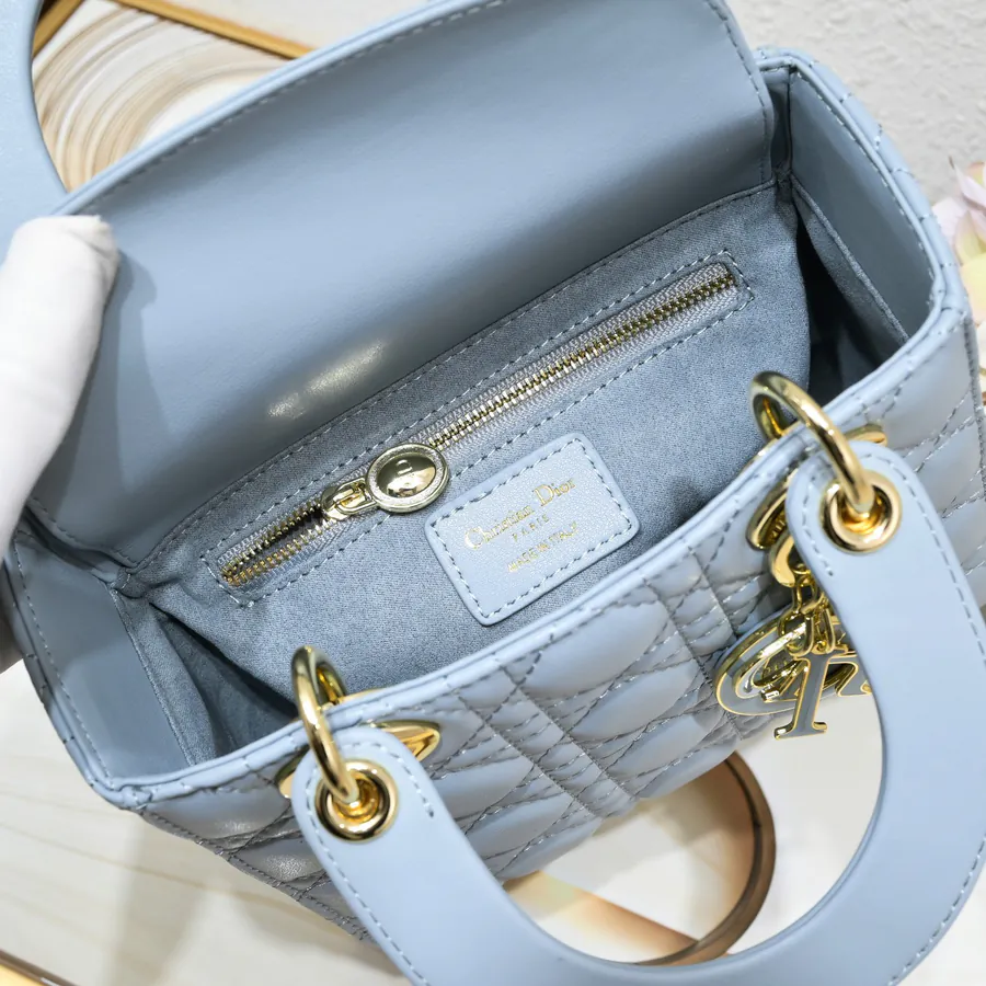 Lady Dio.r Four Compartment Calfskin Bag with Engraved Clasp