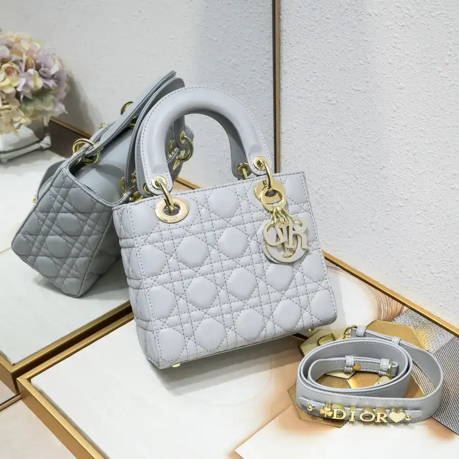 Lady Dio.r Four Compartment Lambskin Bag with Engraved Clasp