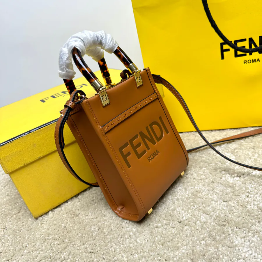 FENDI Mini Tote Bag with Brown Leather and Roma Embroidery