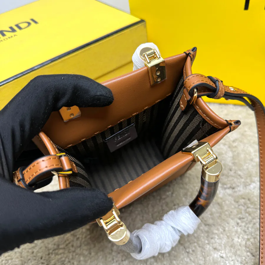 FENDI Mini Tote Bag with Brown Leather and Roma Embroidery