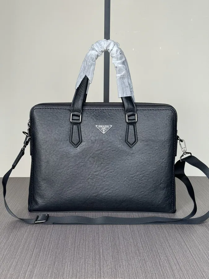 Prada Double Zip Top Briefcase Premium Leather Business Bag