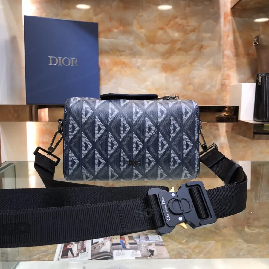 Lingot Messenger Bag Black Grained Calfskin & Diamond Pattern Canvas