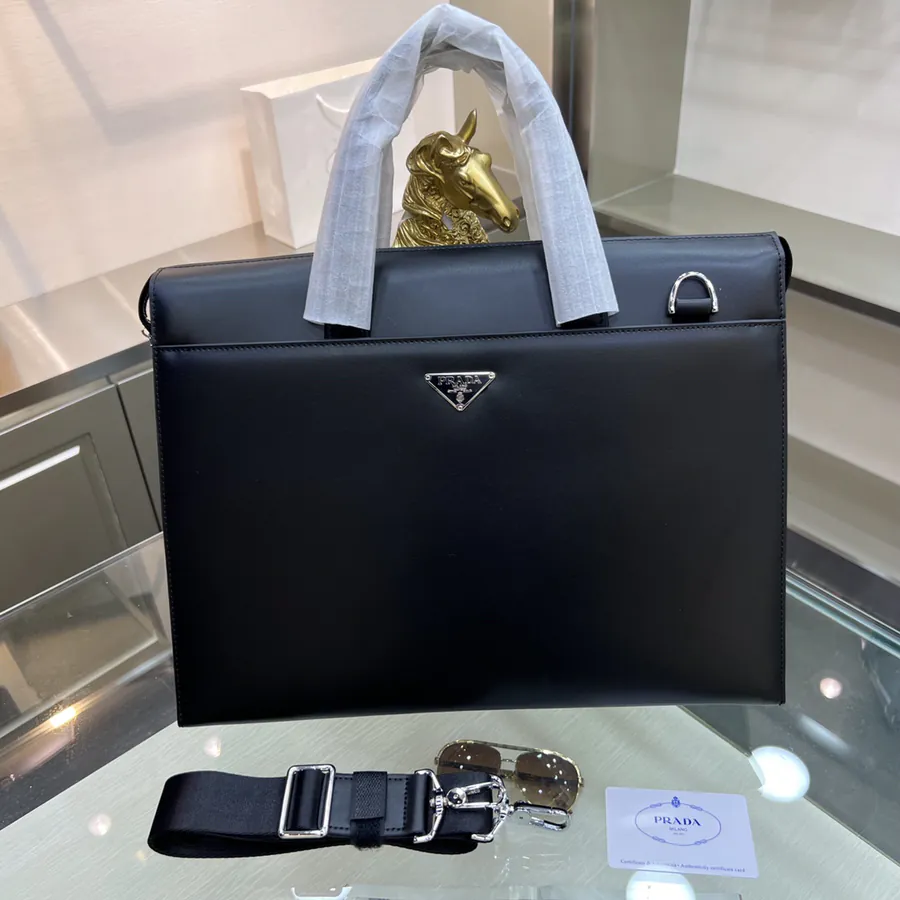 PRADA New Men's Briefcase Premium Leather, Top tier Hardware, Password Lock