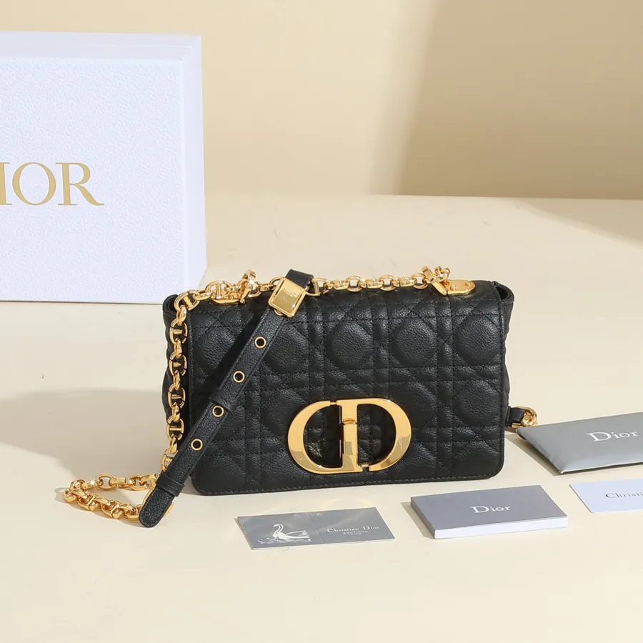 Caro Handbag Mini Size, Vintage Gold Trim, Grained Calfskin