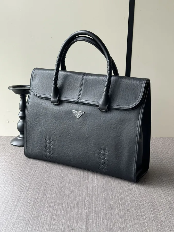 Prada 6820 3 Handbag Premium Leather, Black, 40 30 12