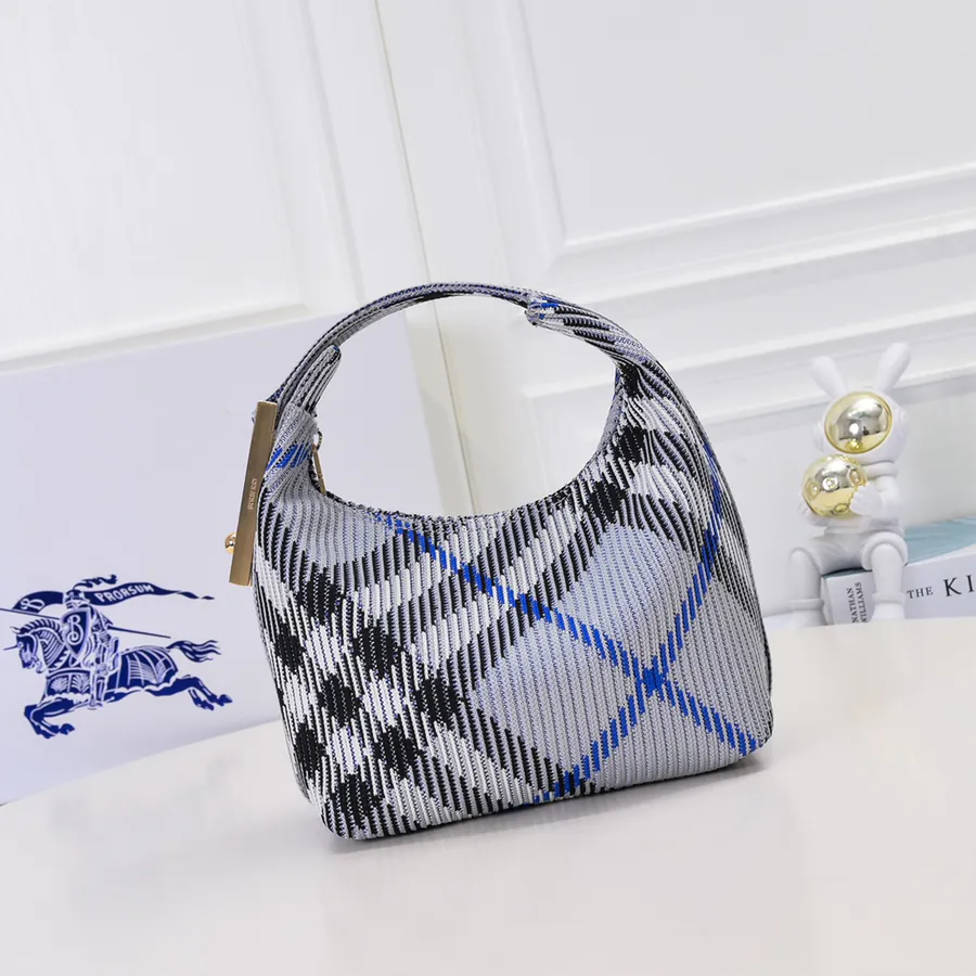 Burberry Soft Structured Clip Bag with Grained Calfskin and Tartan Trim