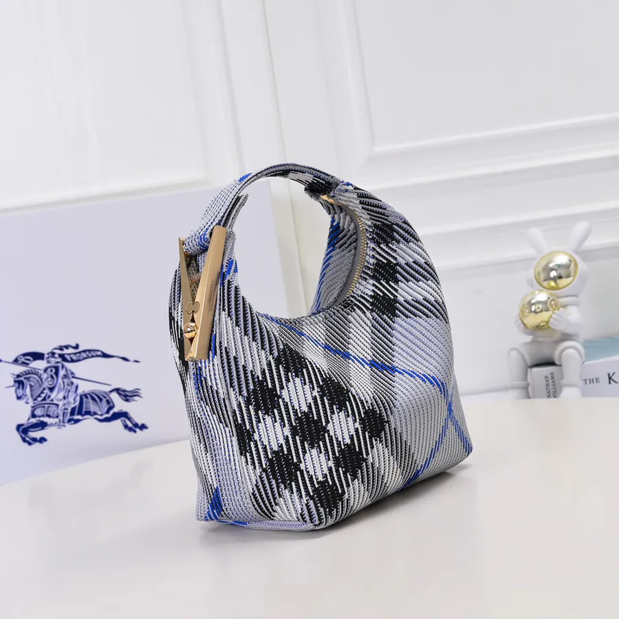 Burberry Soft Structured Clip Bag with Grained Calfskin and Tartan Trim