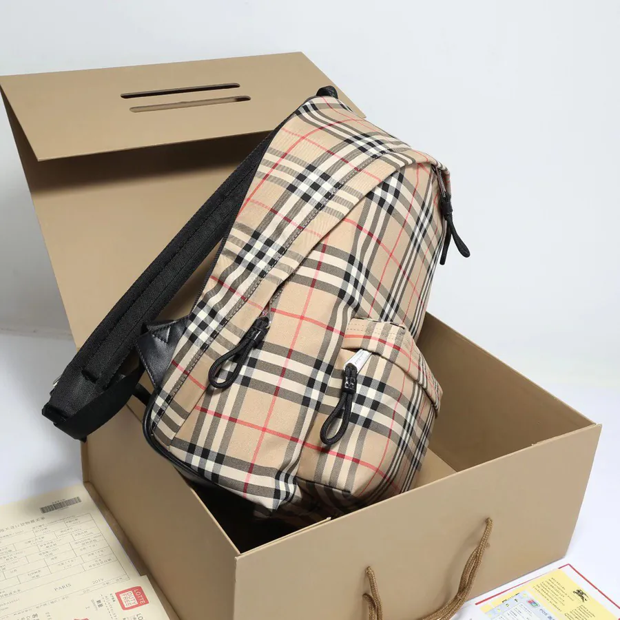 B Brand Upgraded Check Double Shoulder Bag with Smooth Leather Trim and Letter Embroidery Logo