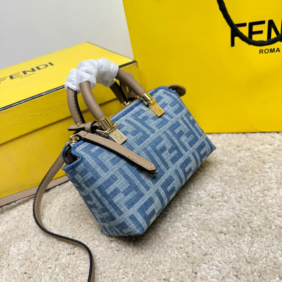 Mini By The Way Boston Bag with Light Blue Denim Material and FF Embroidery