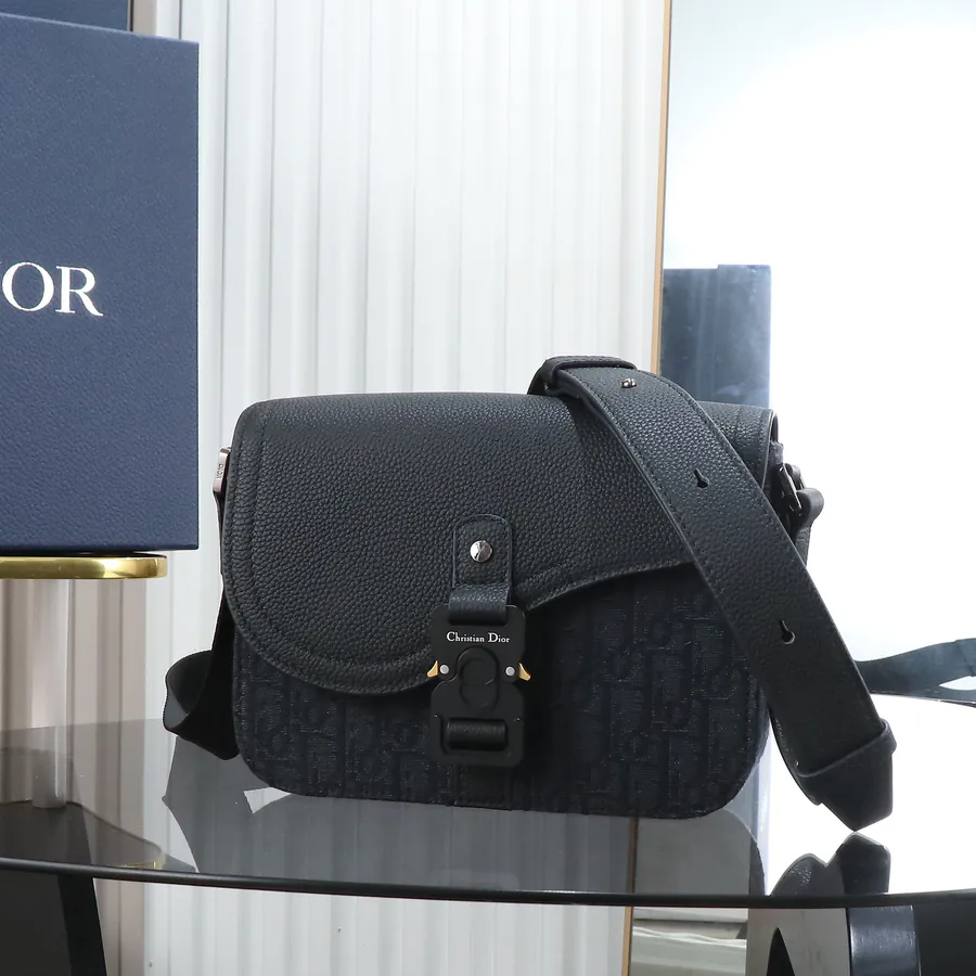 Small Saddle Messenger Bag Black Oblique Print and Grained Calfskin