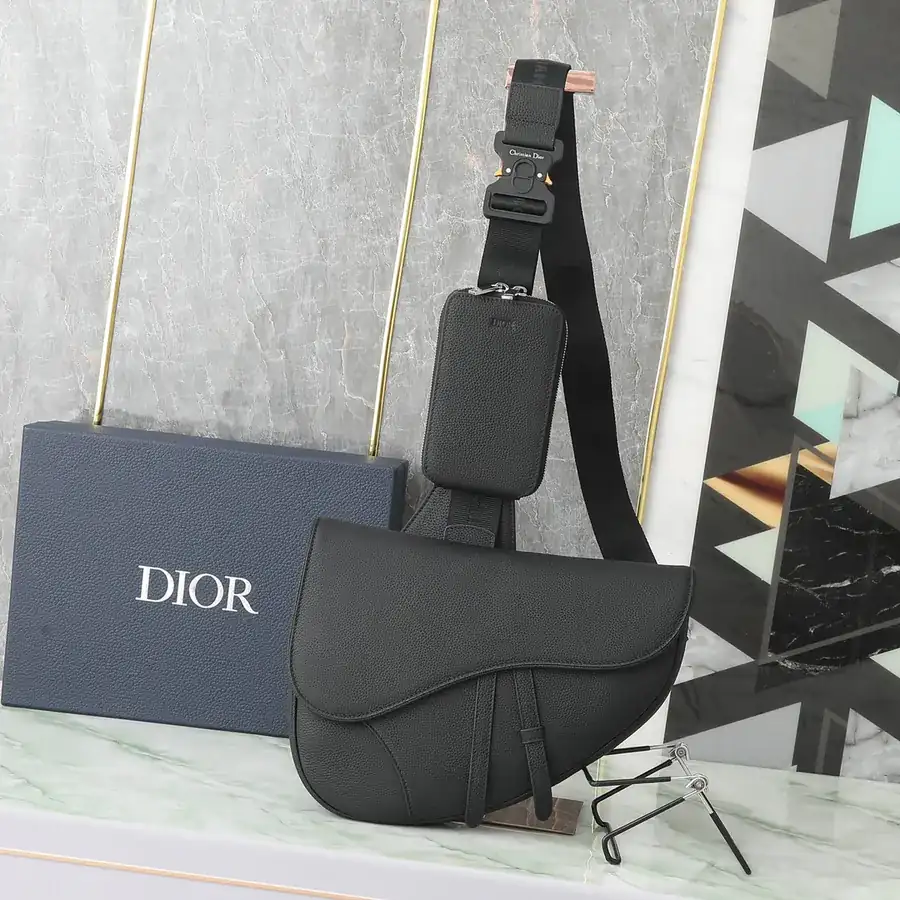 Christian Dio Saddle Bag Large Size, Black Grained Calfskin