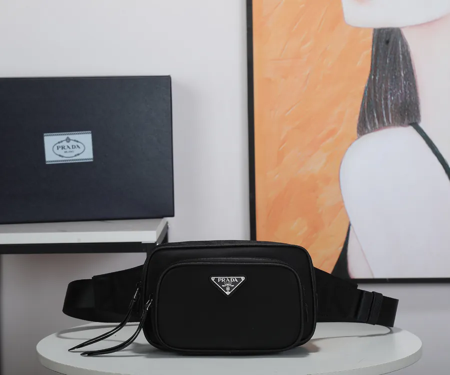 P Brand New Nylon Waist Bag 1BL010 with Saffiano Leather Trim