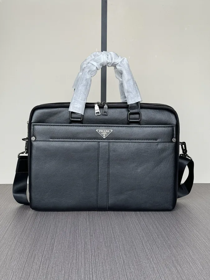 Prada Double Zip Handbag Premium Leather Business Briefcase