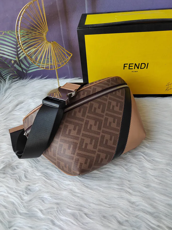 FF Embroidered Zip Closure Waist Bag in Coffee and Apricot Black