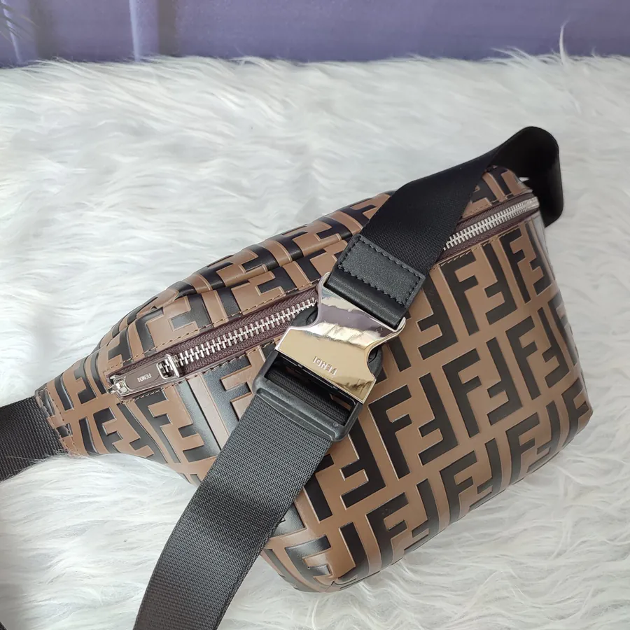 FF Embossed Coffee Brown Bucket Bag with Adjustable Strap