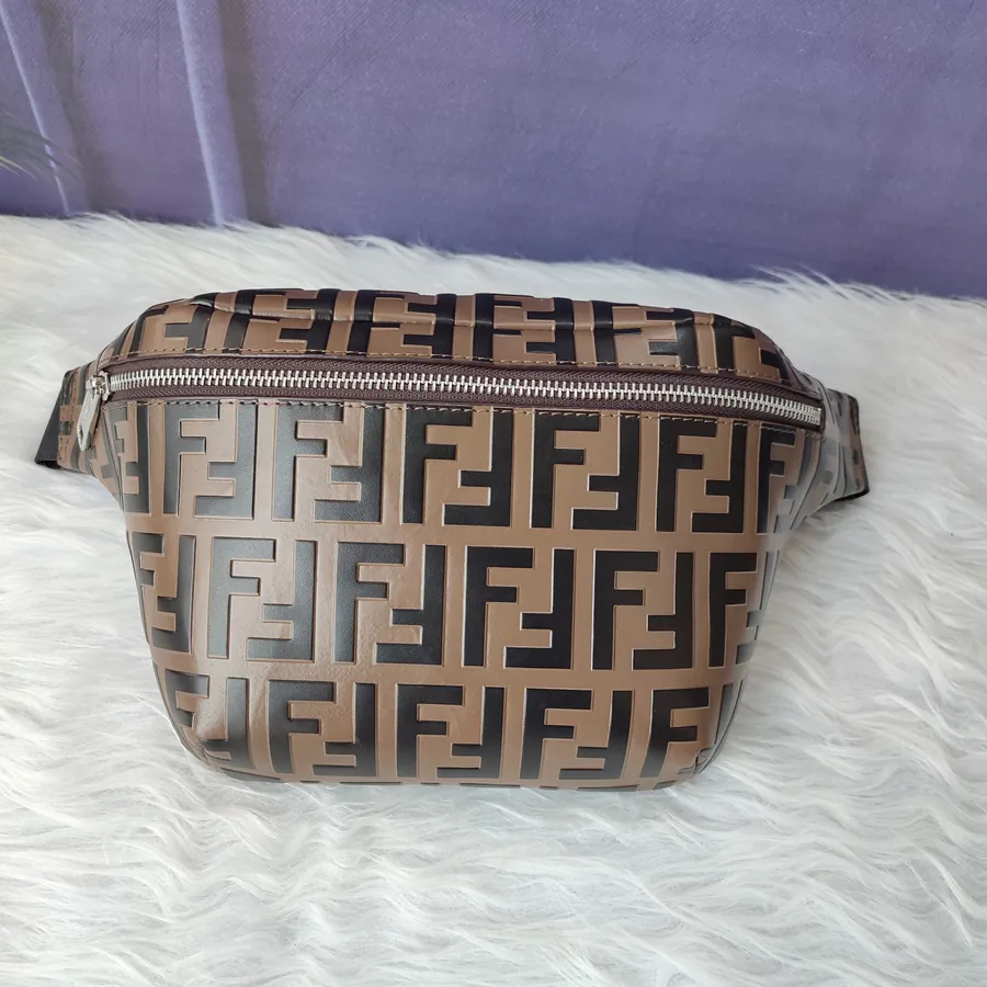 FF Embossed Coffee Brown Bucket Bag with Adjustable Strap