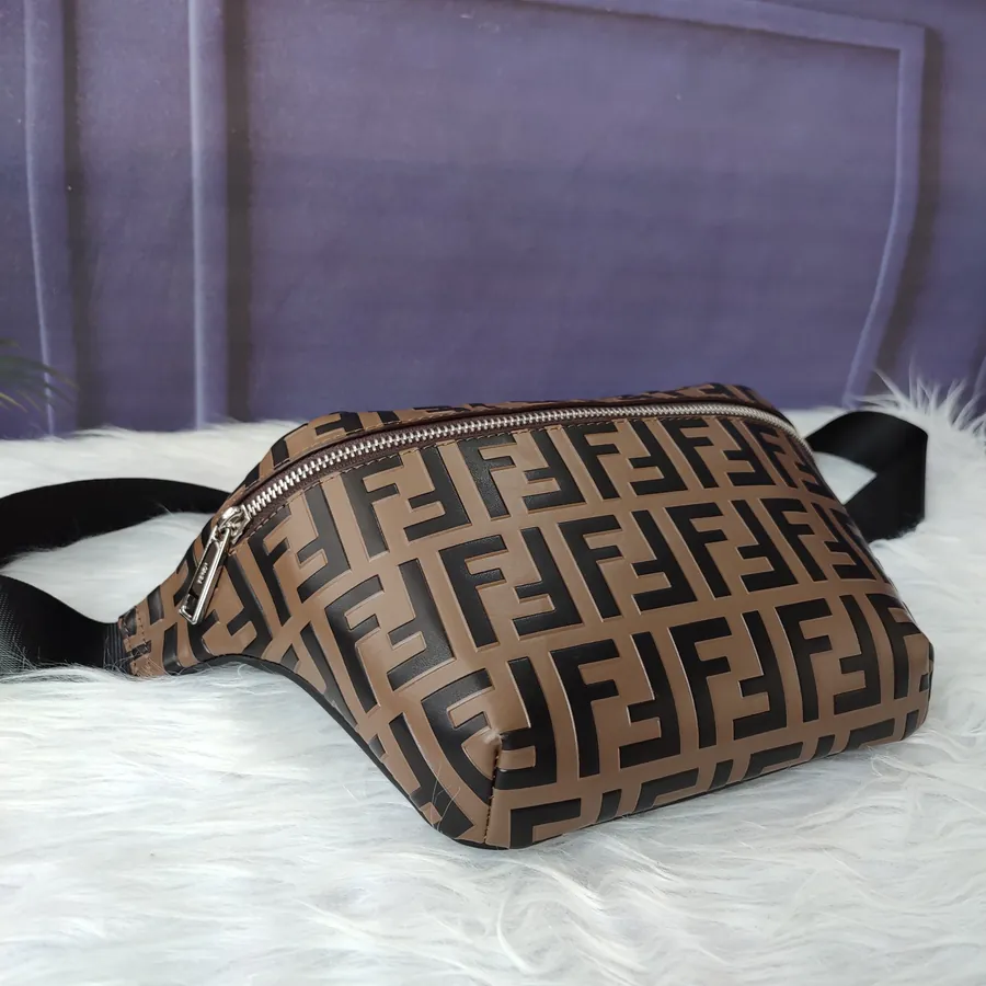 FF Embossed Coffee Brown Bucket Bag with Adjustable Strap