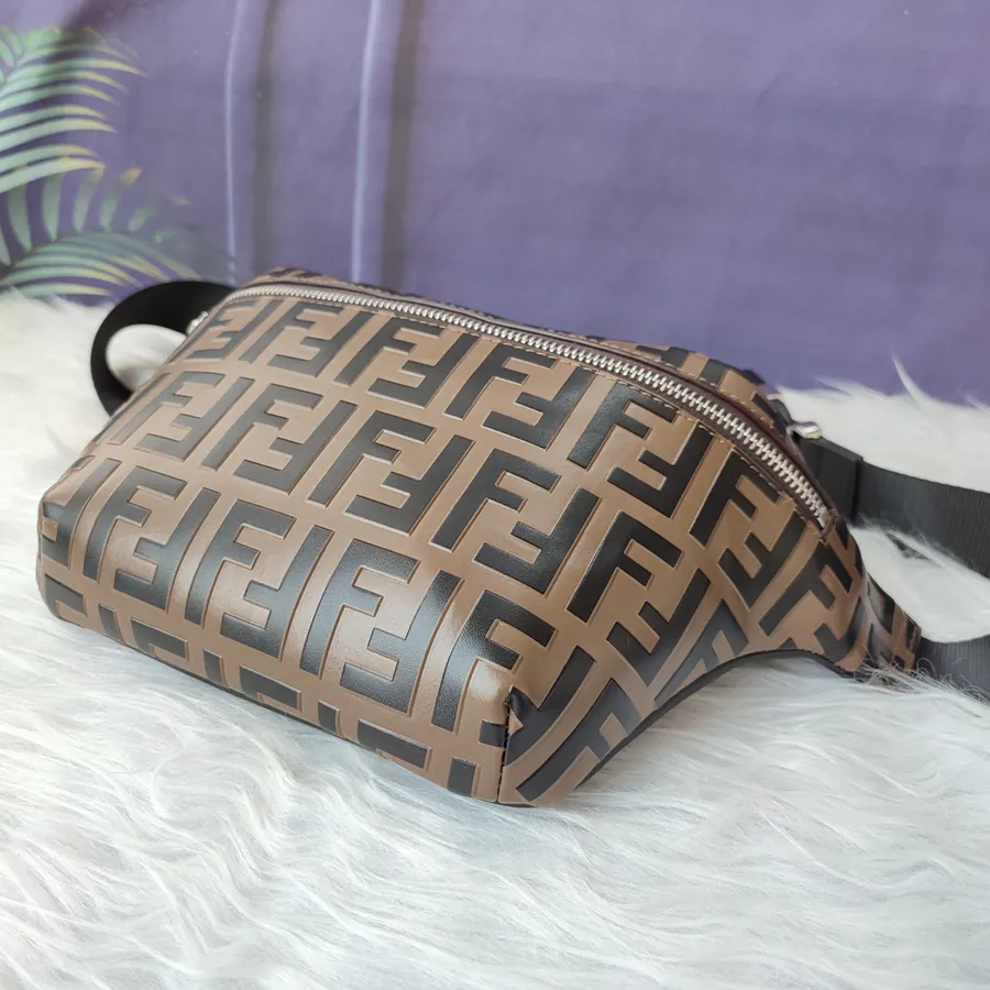 FF Embossed Coffee Brown Bucket Bag with Adjustable Strap