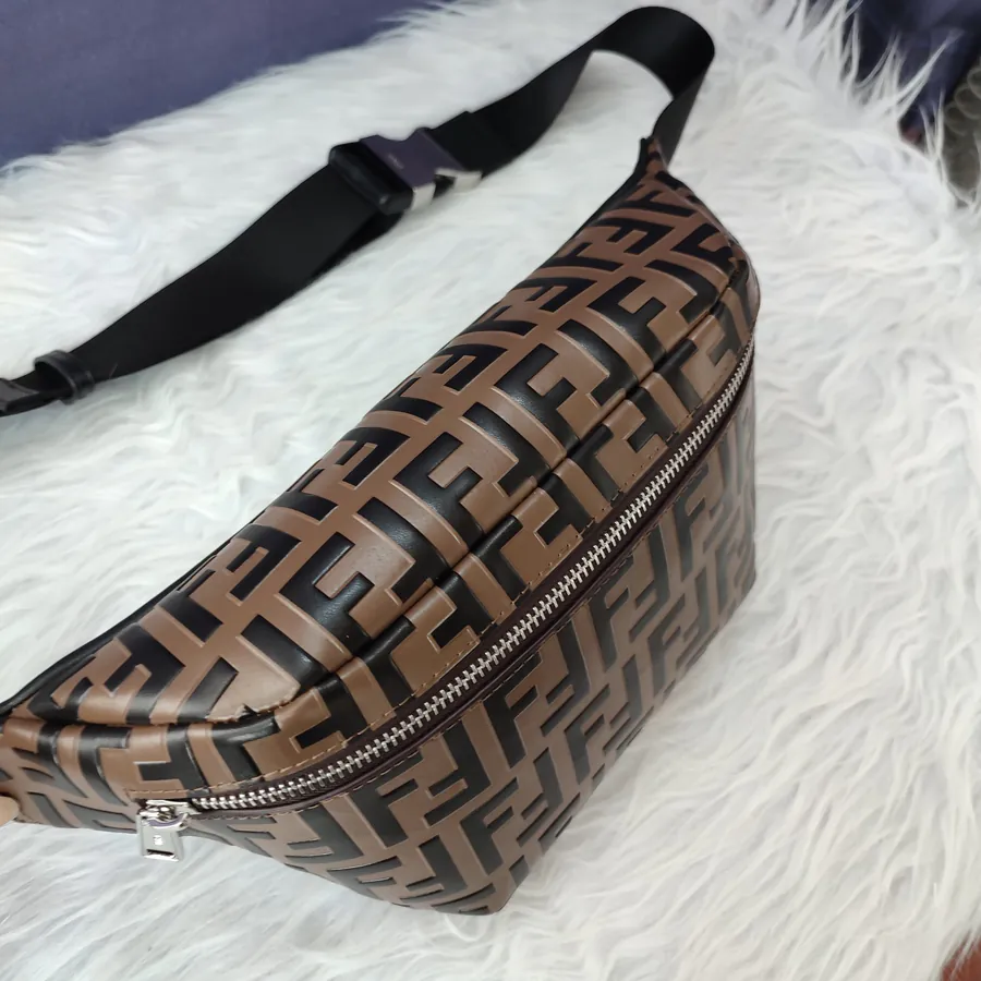 FF Embossed Coffee Brown Bucket Bag with Adjustable Strap