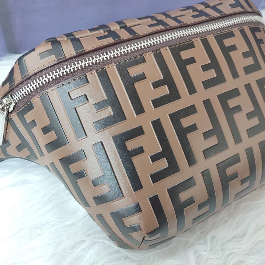 FF Embossed Coffee Brown Bucket Bag with Adjustable Strap