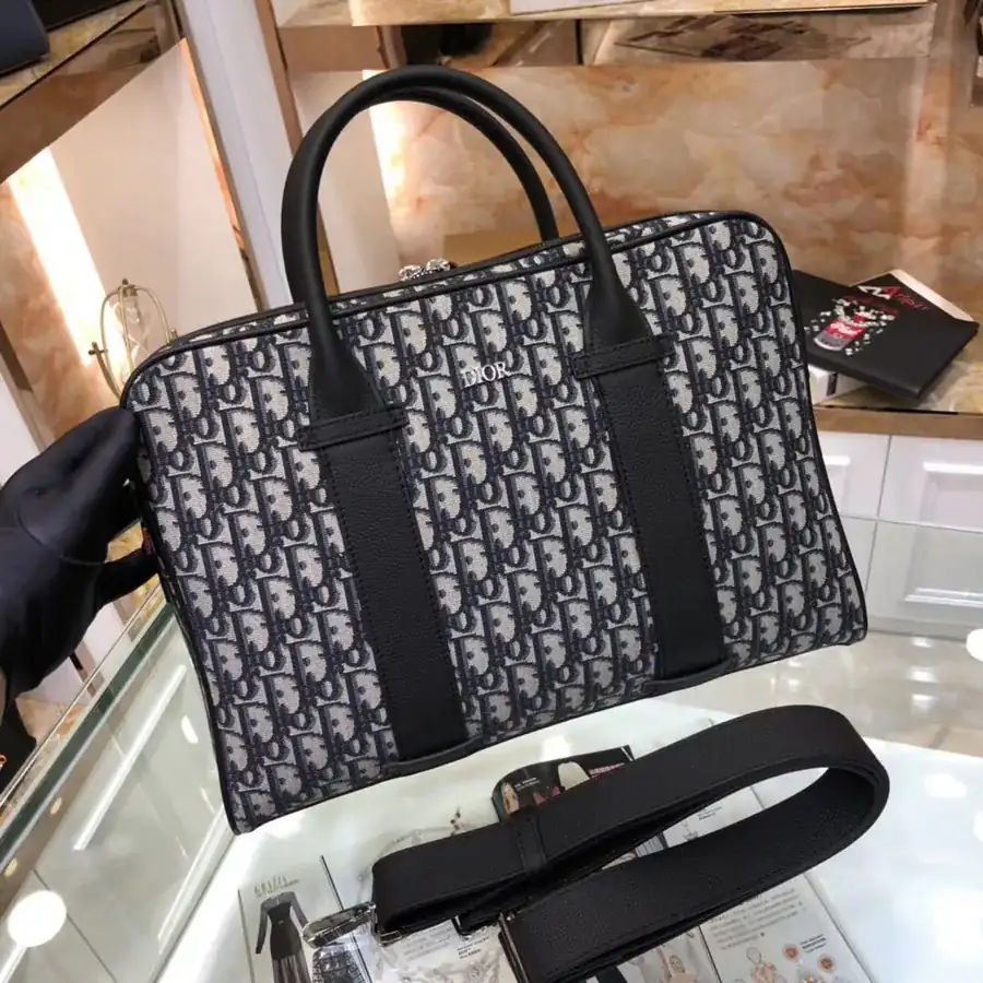 Dior Men's Latest Briefcase Luxury Black Grained Calfskin, Adjustable Leather Strap