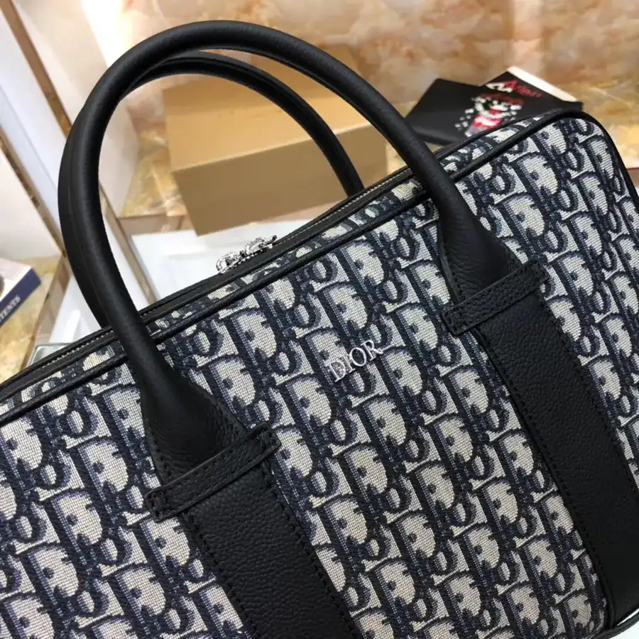 Dior Men's Latest Briefcase Luxury Black Grained Calfskin, Adjustable Leather Strap
