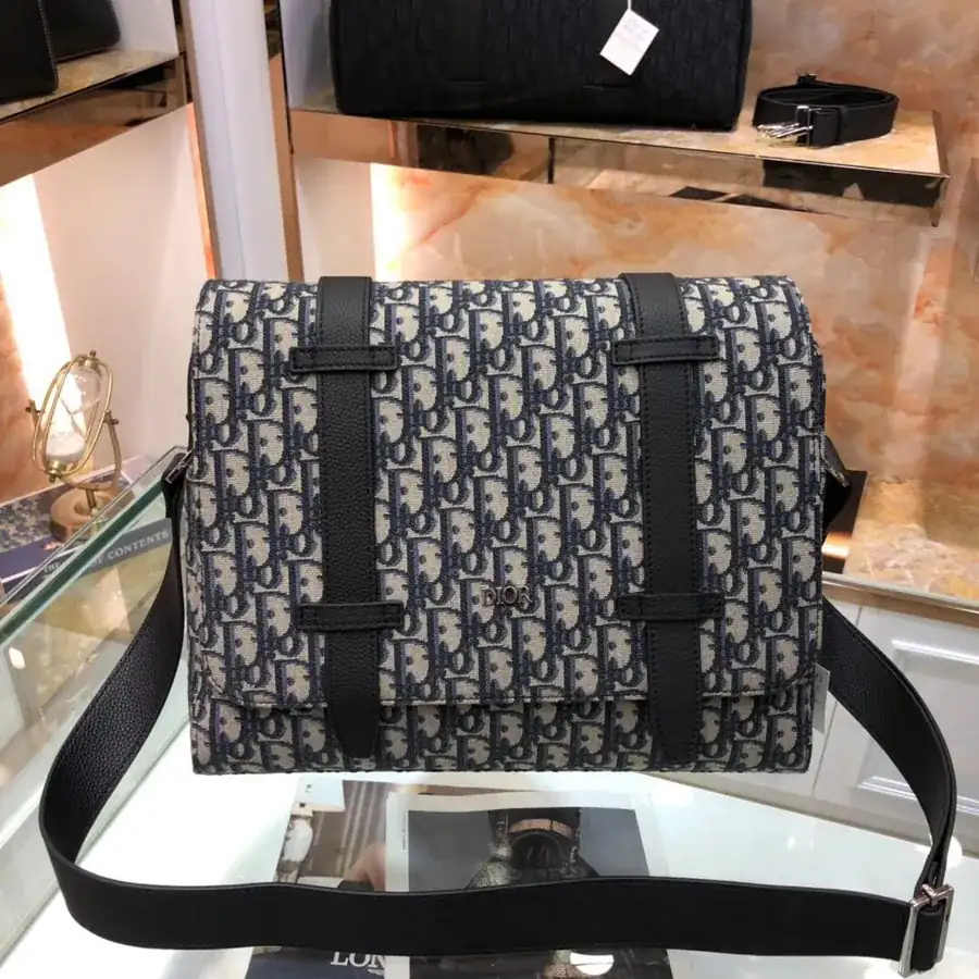 Dior New Postman Bag Black Grained Calfskin with Oblique Pattern