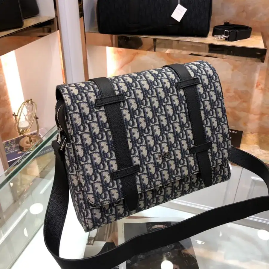 Dior New Postman Bag Black Grained Calfskin with Oblique Pattern