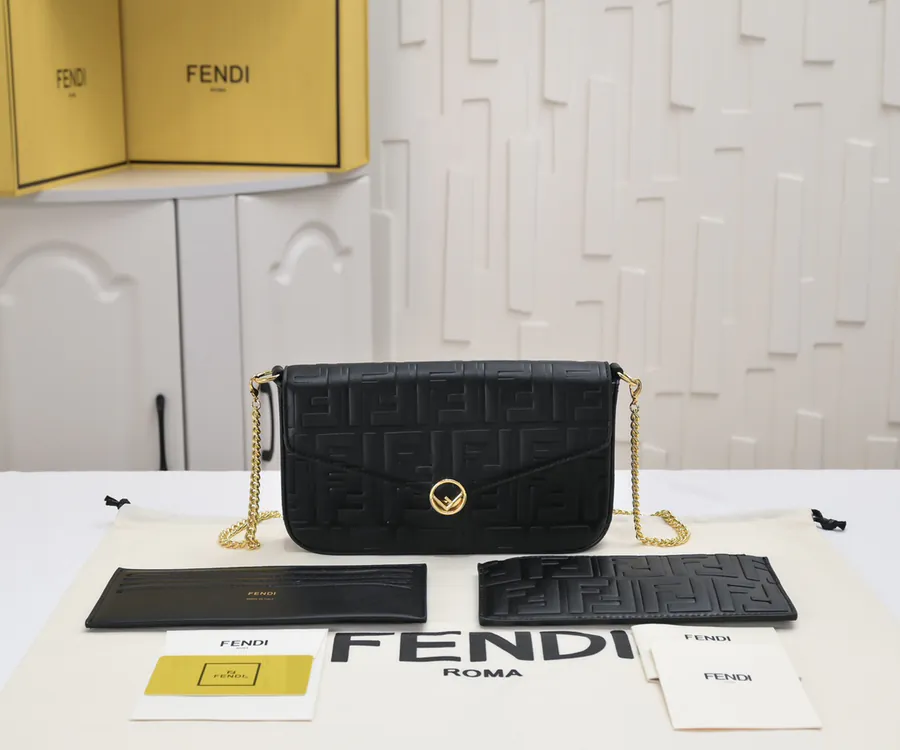 Fendi Mini Geometric Flip Cover Set Signature Brown Leather with Black Raised FF Print