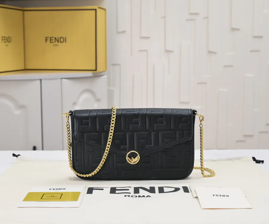 Fendi Mini Geometric Flip Cover Set Signature Brown Leather with Black Raised FF Print