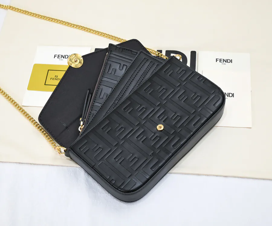 Fendi Mini Geometric Flip Cover Set Signature Brown Leather with Black Raised FF Print