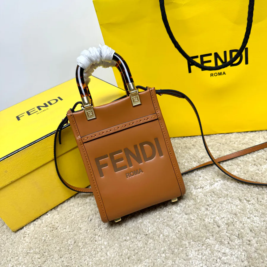 FENDI Mini Tote Bag in Brown Leather with Roma Embroidery