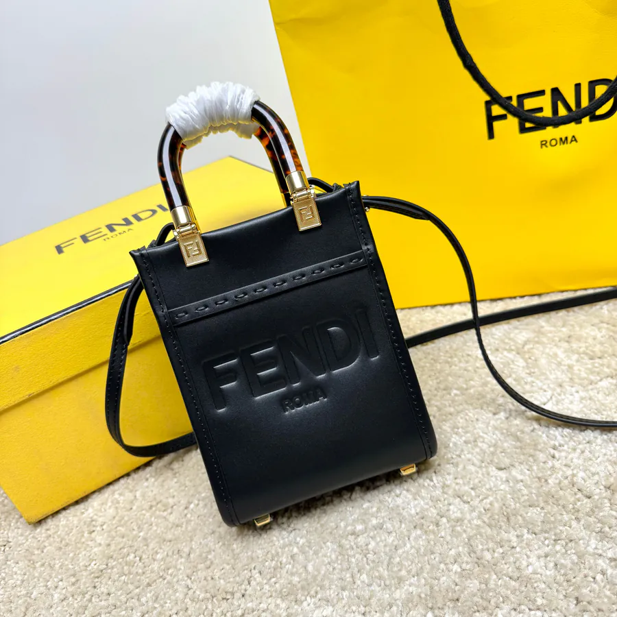 FENDI Mini Tote Bag with Embossed Roma Logo and Tortoiseshell Acrylic Handle