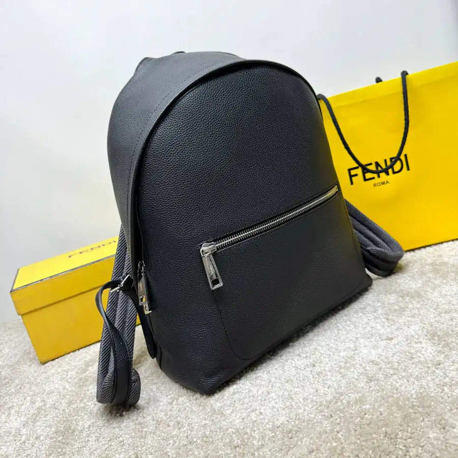 FF Logo Bucket Bag with Convertible Strap Black Grained Calfskin