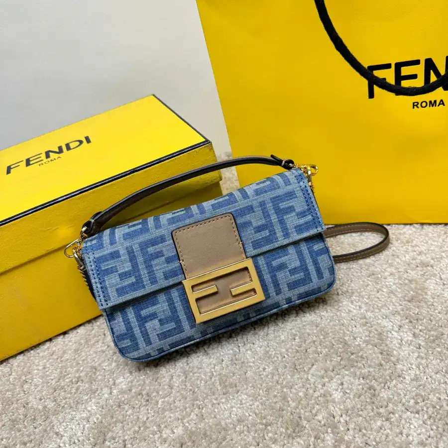 Mini Baguette Handbag with Blue Denim Material and FF Closure