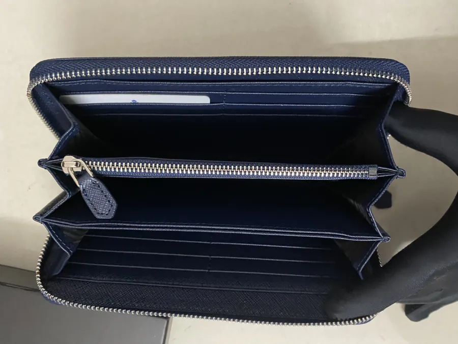 Classic Single Zip Wallet in Blue Italian Cross Grain Calfskin