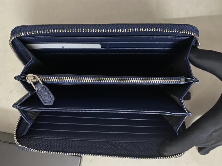 Classic Single Zip Wallet in Blue Italian Cross Grain Calfskin